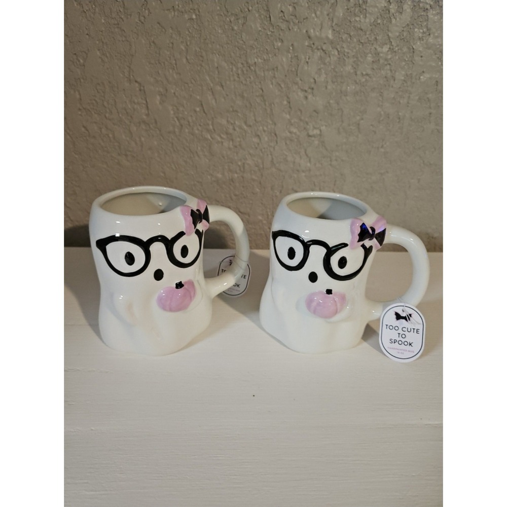 Too Cute To Spook Handpainted Ghost Mugs Set of 2 White Pink 18 oz Halloween